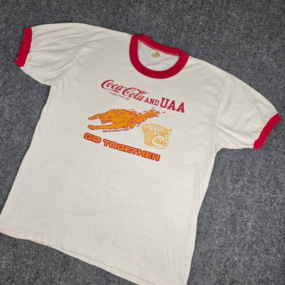 Vintage Velva Sheen Coca Cola UAA Alaska Seawolves Ringer T-Shirt L 50/50 USA